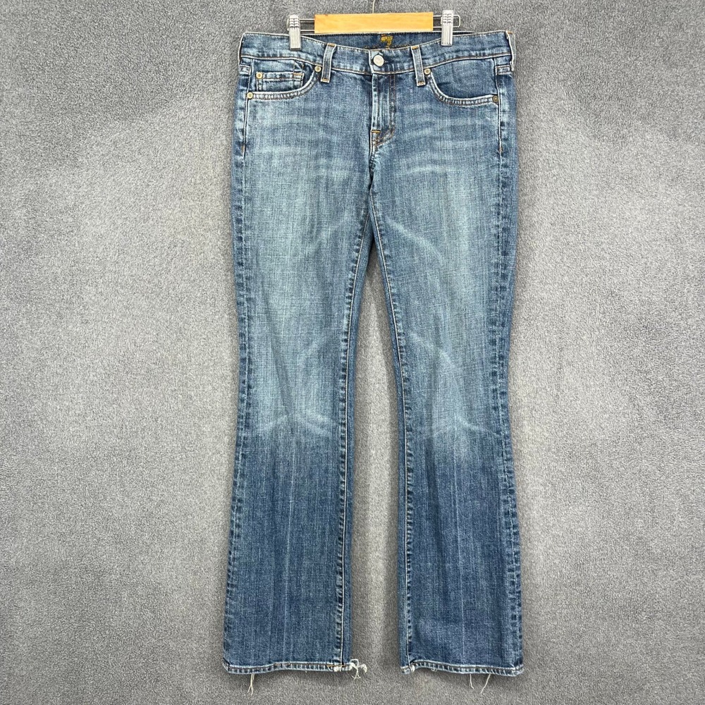 7 For All‎ Mankind Ginger Flare Jeans Blue Distressed Frayed Hem Size 29